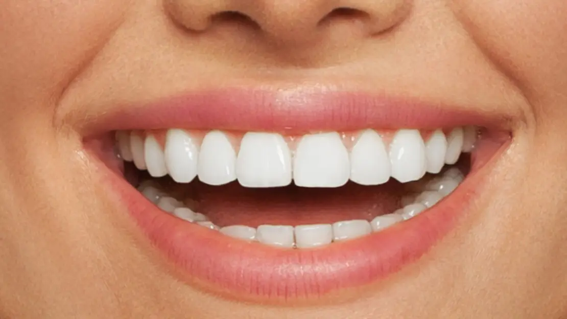 Close-up of a wide smile showing straight white upper and lower teeth