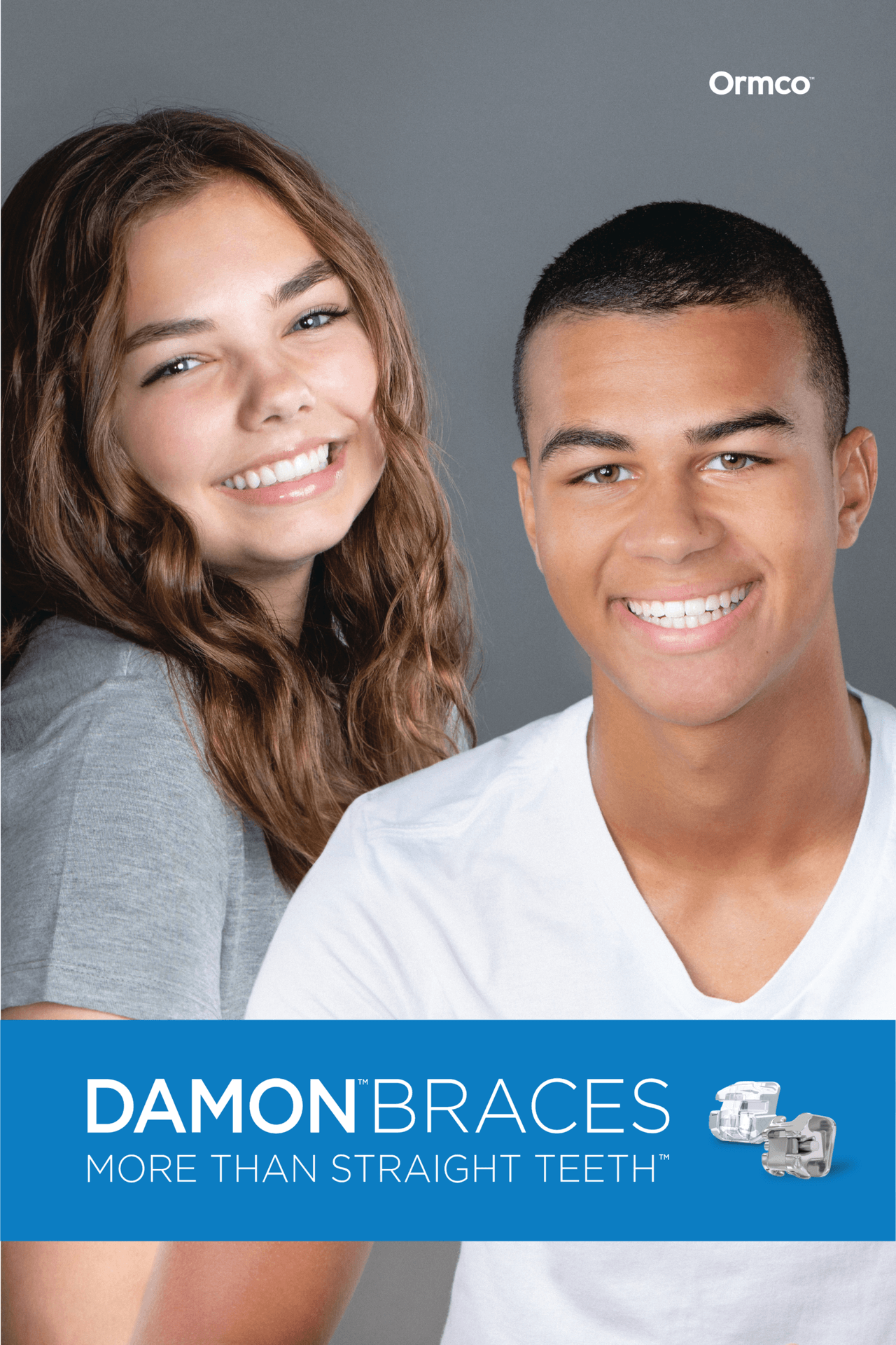 Smiling teen girl and boy on a Damon Braces More Than Straight Teeth poster